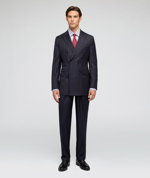 Navy and brown pinstriped wool suit
