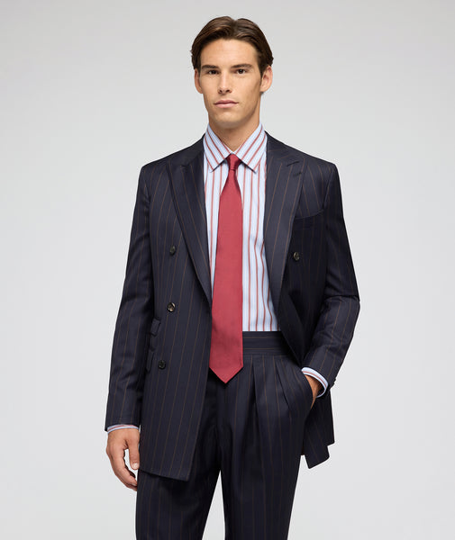 Navy and brown pinstriped wool suit