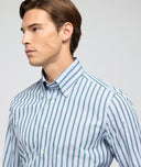 Light blue and green striped cotton shirt